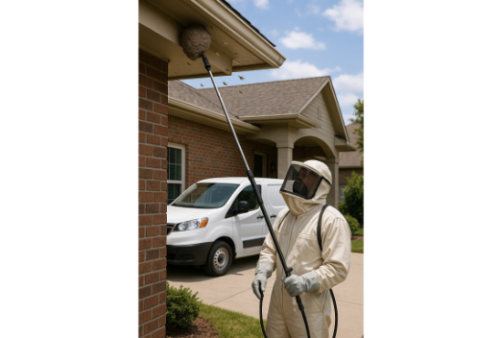 exterminator removing wasp nest.