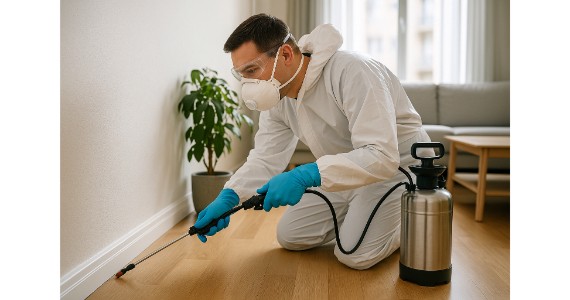 pest control technician, applying a treatment to a home.