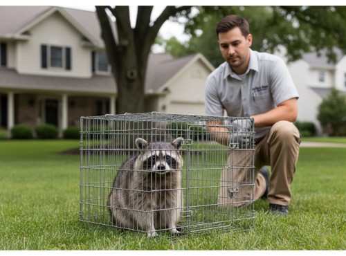 wildlife control professional who trapped a raccoon in a humane cage.